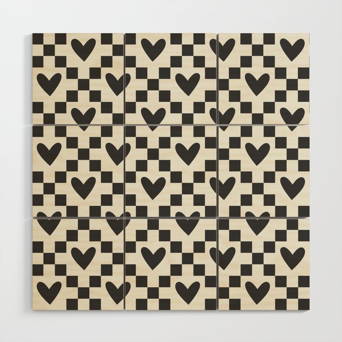 Black and white love heart checkered pattern Wood Wall Art Gallery Image 1