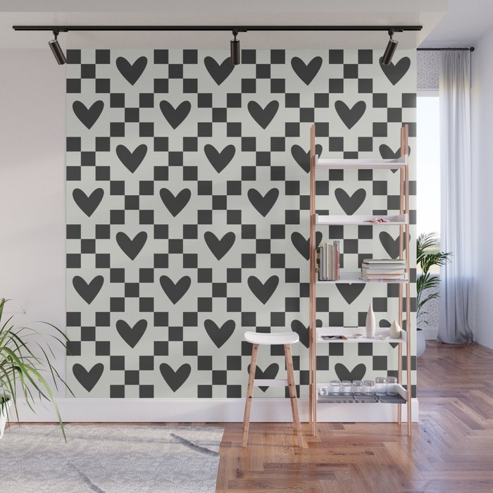 Black and white love heart checkered pattern Wall Mural Gallery Image 1