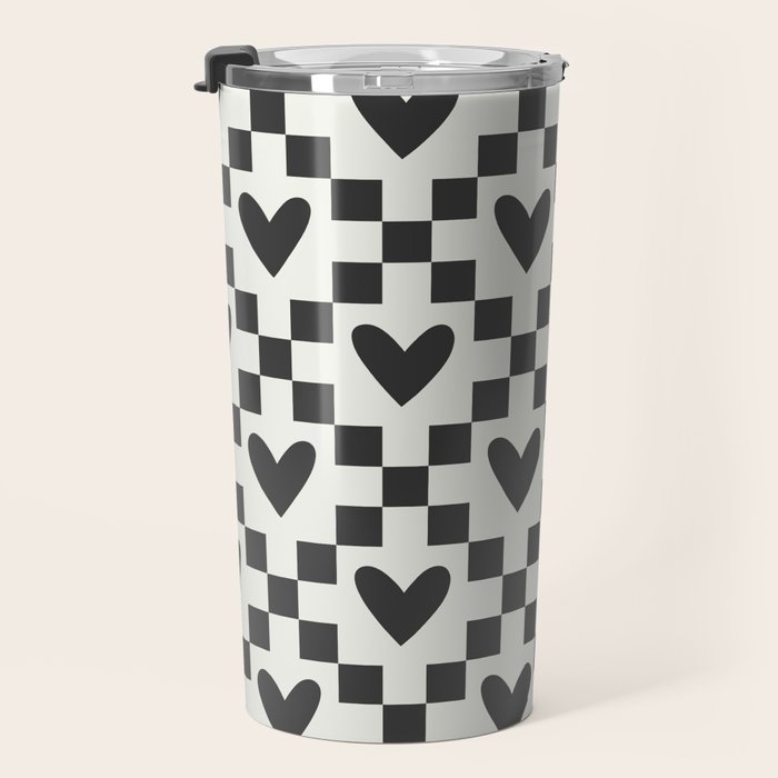 Black and white love heart checkered pattern Travel Mug Gallery Image 3