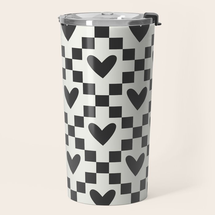 Black and white love heart checkered pattern Travel Mug Gallery Image 2