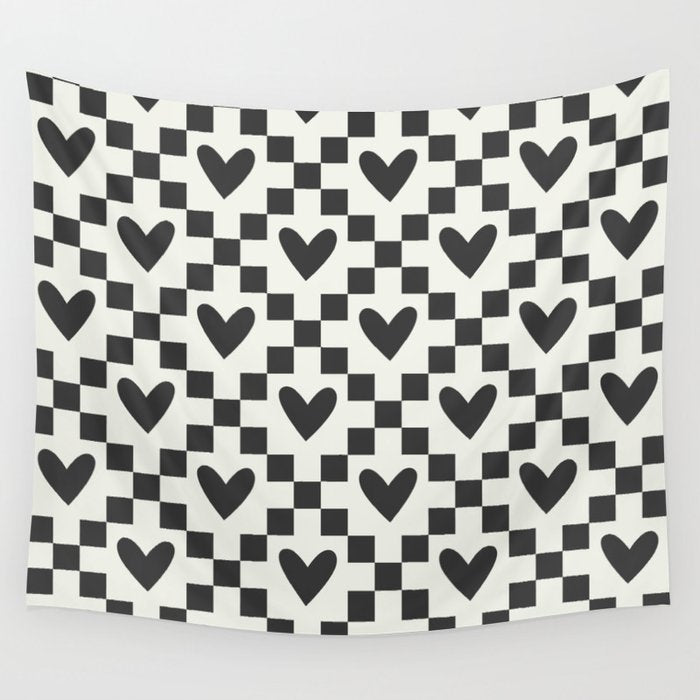 Black and white love heart checkered pattern Wall Tapestry Gallery Image 1