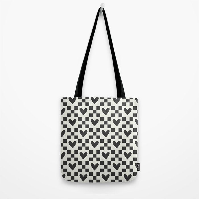 Black and white love heart checkered pattern Tote Bag Gallery Image 2