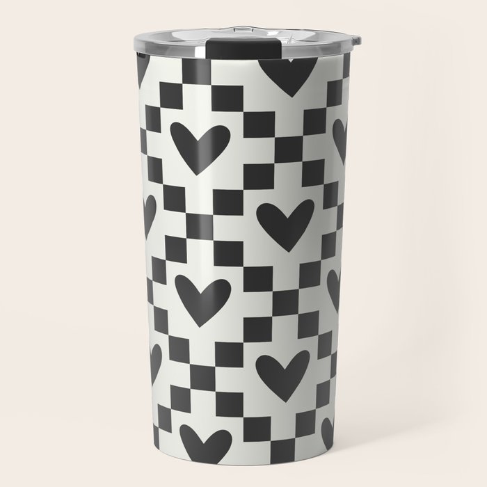 Black and white love heart checkered pattern Travel Mug Gallery Image 1
