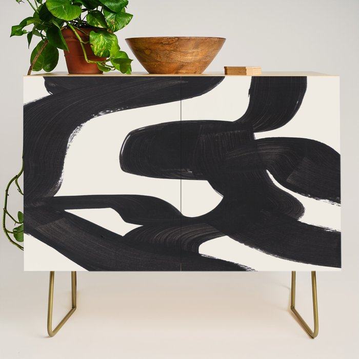 Mid Century Modern Minimalist Abstract Art Brush Strokes Black & White Ink Art Maze Credenza Gallery Image 1