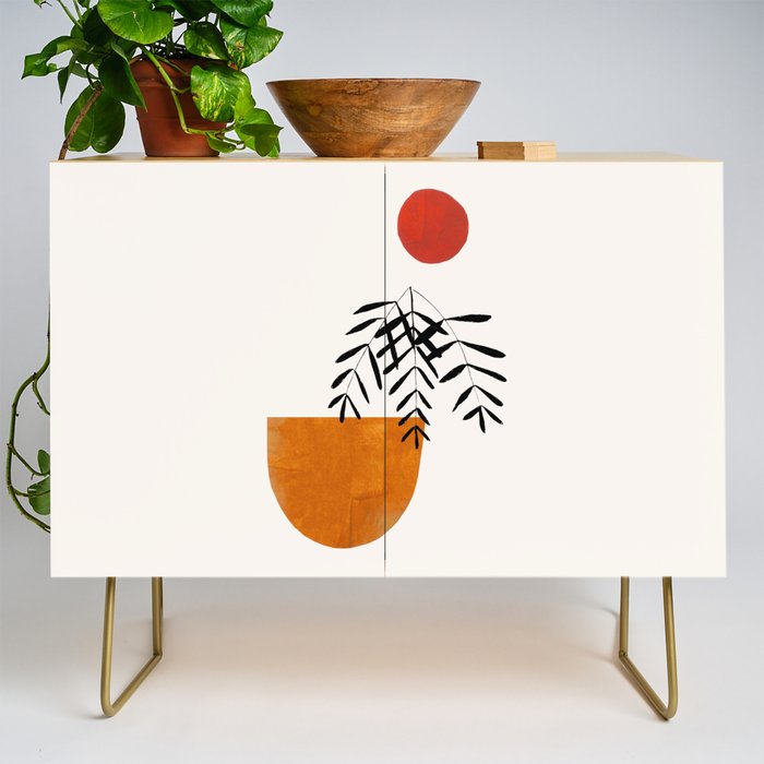 'Autumn Vine' Minimal Mid Century Abstract Shapes With Floral Plant Motif Boho Vintage Paper Collage Line Drawing Credenza Gallery Image 1