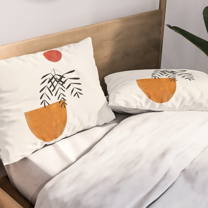 'Autumn Vine' Minimal Mid Century Abstract Shapes With Floral Plant Motif Boho Vintage Paper Collage Line Drawing Pillow Sham Gallery Image 2