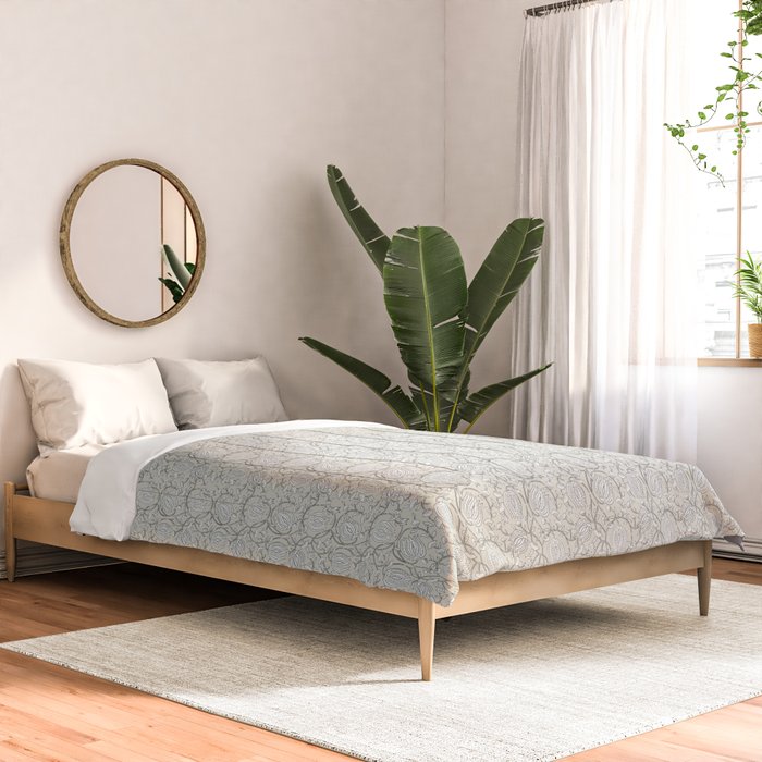 Lotus Block Print Floral - Beige White Comforter Gallery Image 2
