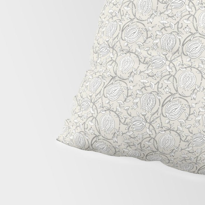 Lotus Block Print Floral - Beige White Pillow Sham Gallery Image 4
