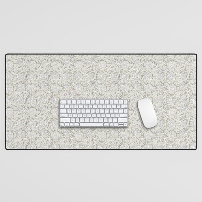 Lotus Block Print Floral - Beige White Desk Mat Gallery Image 1