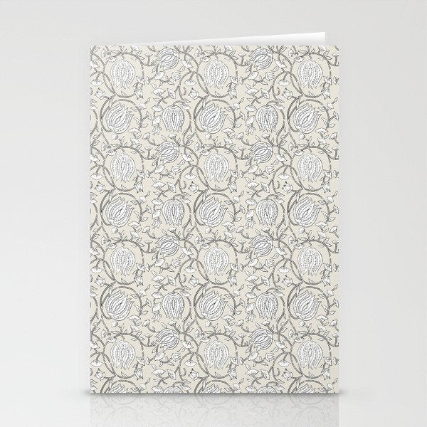 Lotus Block Print Floral - Beige White Stationery Card Gallery Image 2