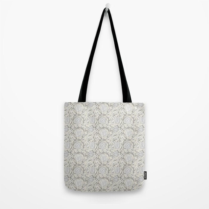 Lotus Block Print Floral - Beige White Tote Bag Gallery Image 2