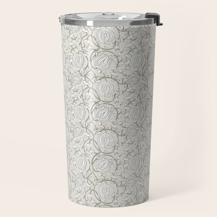 Lotus Block Print Floral - Beige White Travel Mug Gallery Image 2
