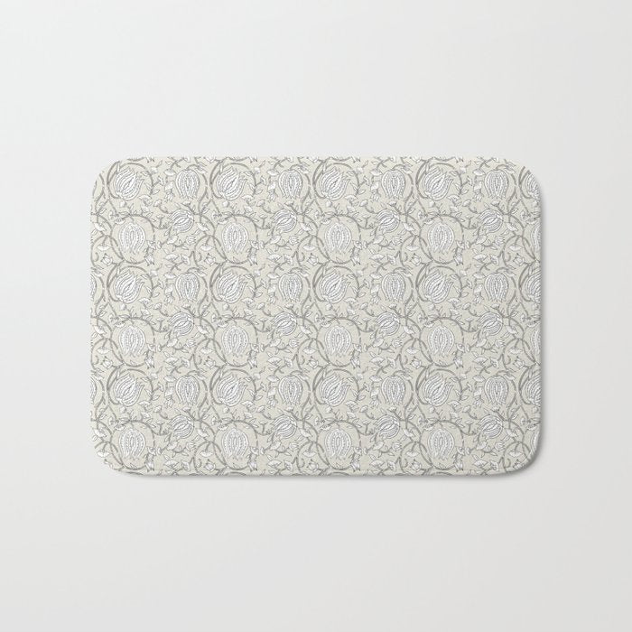 Lotus Block Print Floral - Beige White Bath Mat Gallery Image 1