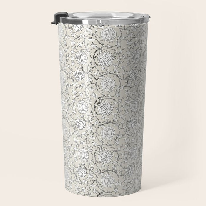 Lotus Block Print Floral - Beige White Travel Mug Gallery Image 3