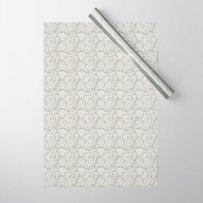 Lotus Block Print Floral - Beige White Wrapping Paper Gallery Image 1