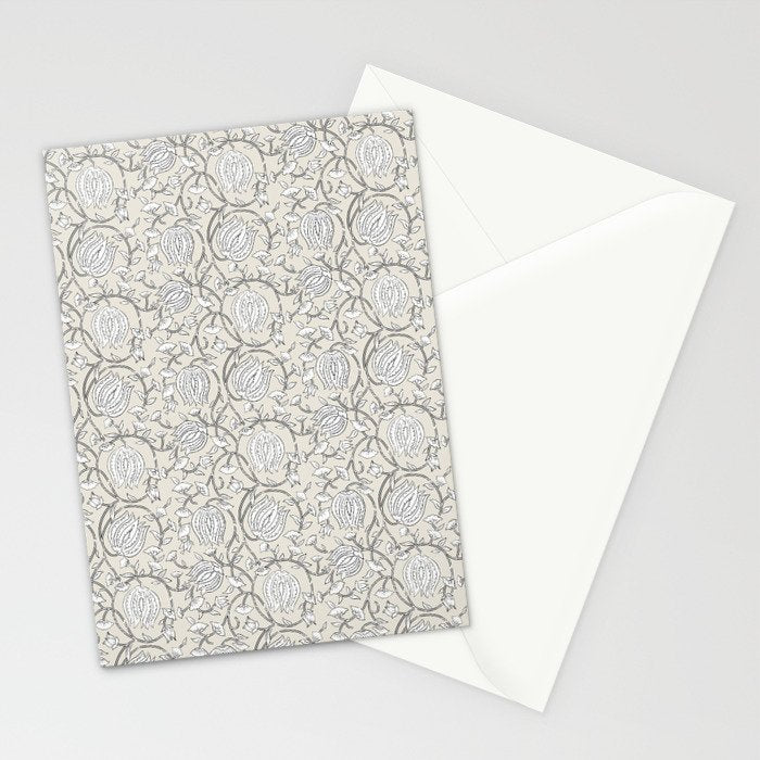 Lotus Block Print Floral - Beige White Stationery Card Gallery Image 2