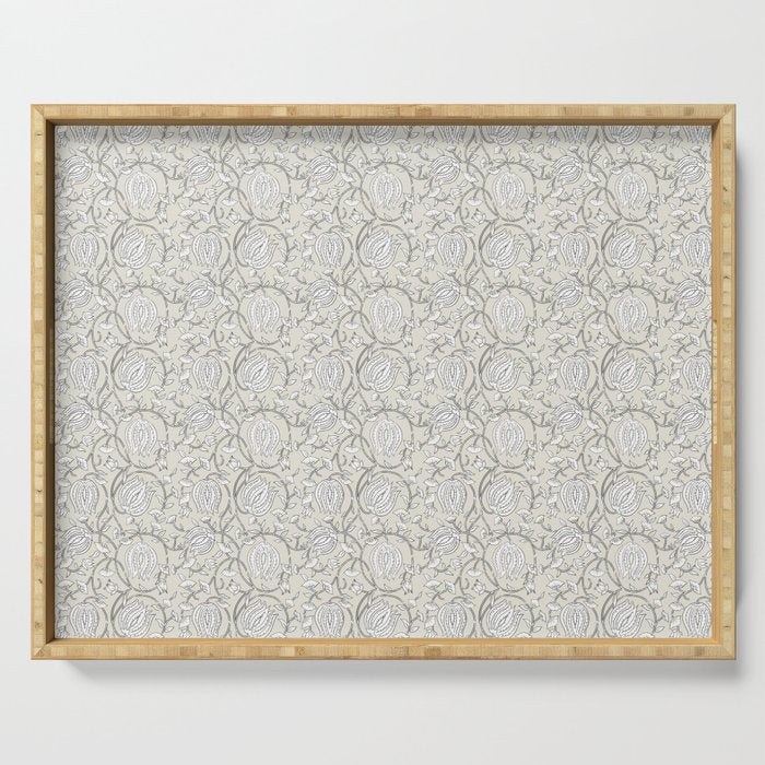 Lotus Block Print Floral - Beige White Serving Tray Gallery Image 1