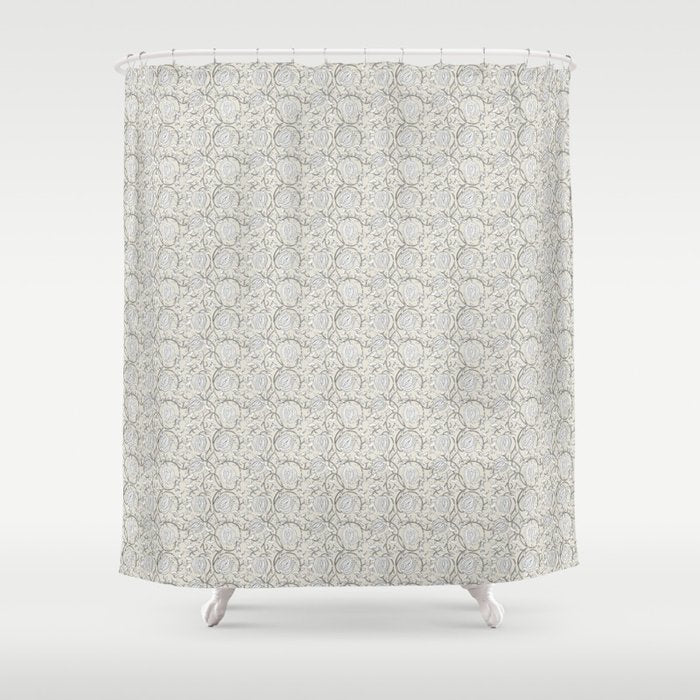Lotus Block Print Floral - Beige White Shower Curtain Gallery Image 1