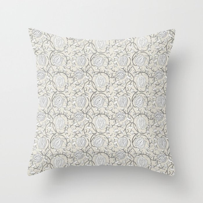 Lotus Block Print Floral - Beige White Throw Pillow Gallery Image 6