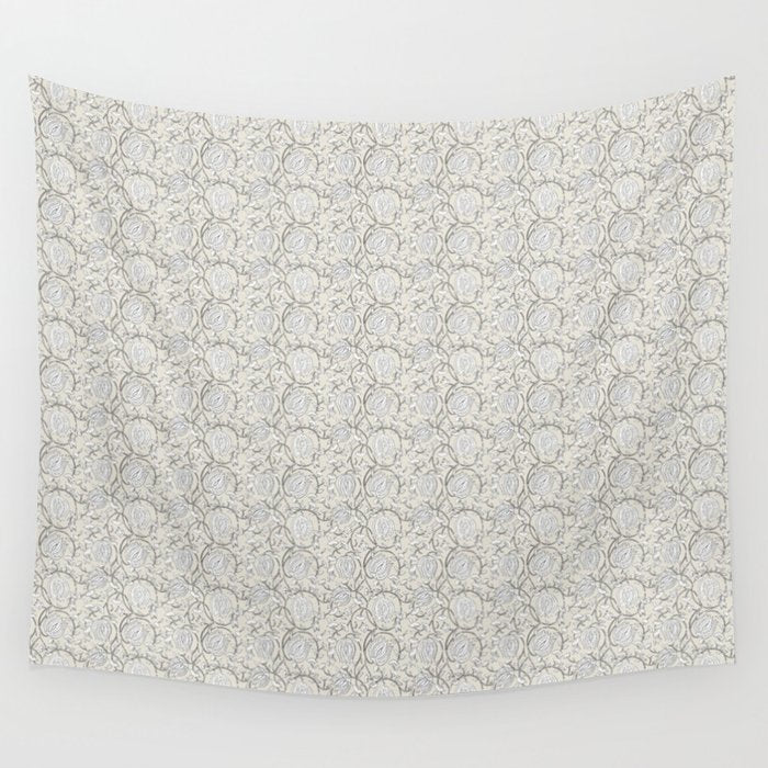 Lotus Block Print Floral - Beige White Wall Tapestry Gallery Image 1