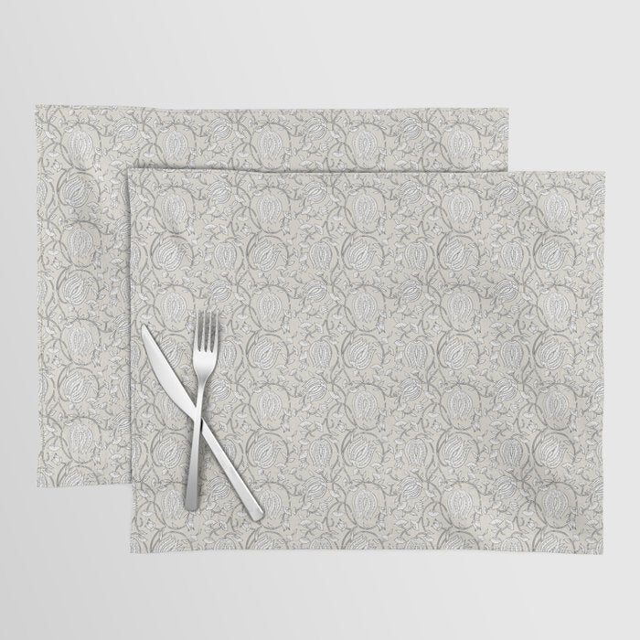 Lotus Block Print Floral - Beige White Placemat Gallery Image 1