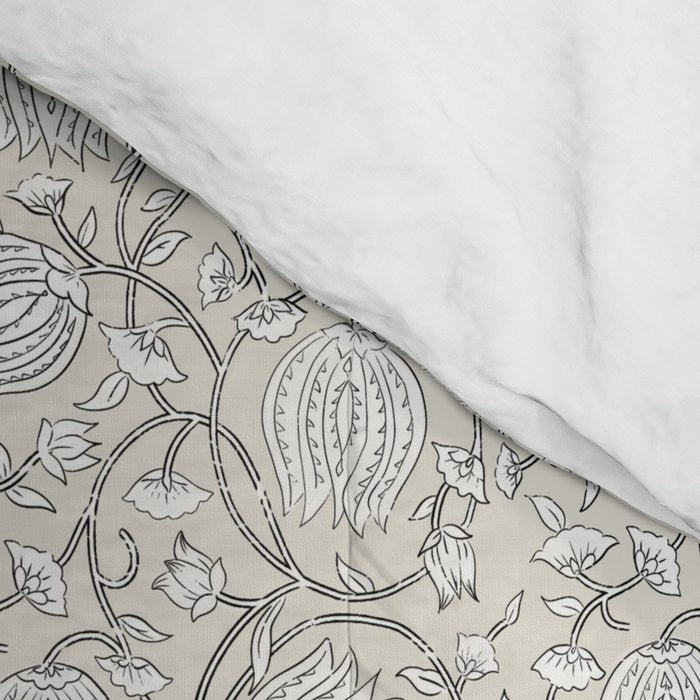 Lotus Block Print Floral - Beige White Comforter Gallery Image 4