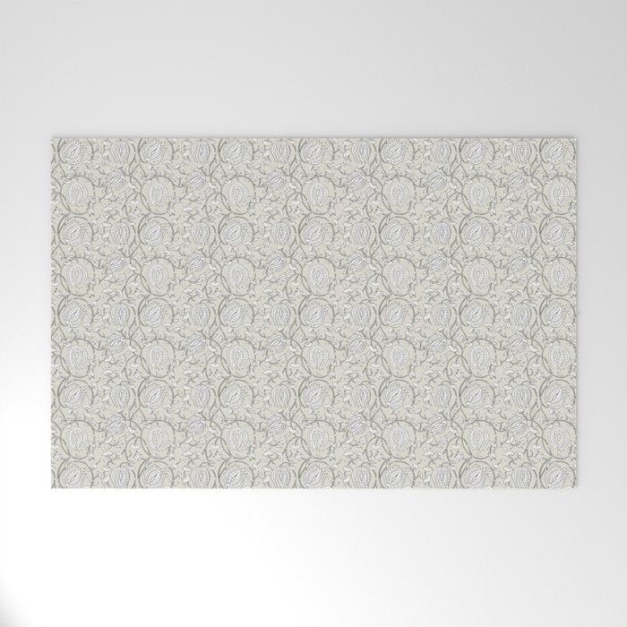 Lotus Block Print Floral - Beige White Welcome Mat Gallery Image 1