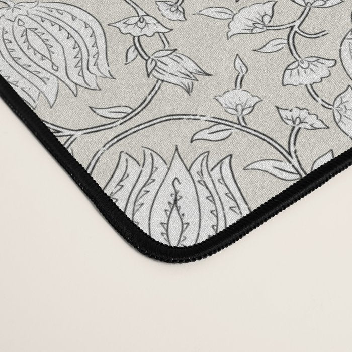 Lotus Block Print Floral - Beige White Desk Mat Gallery Image 4