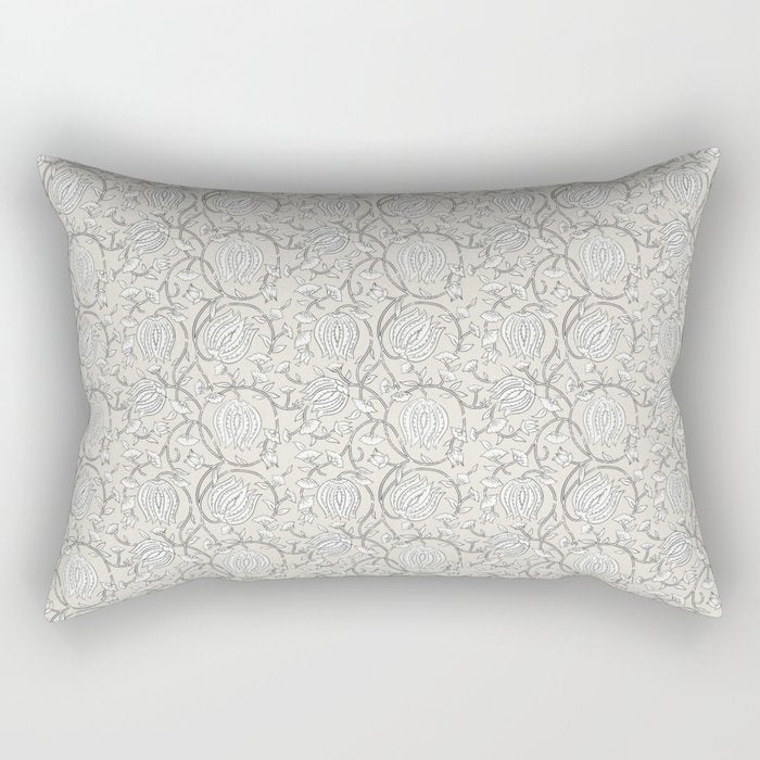 Lotus Block Print Floral - Beige White Rectangular Pillow Gallery Image 2