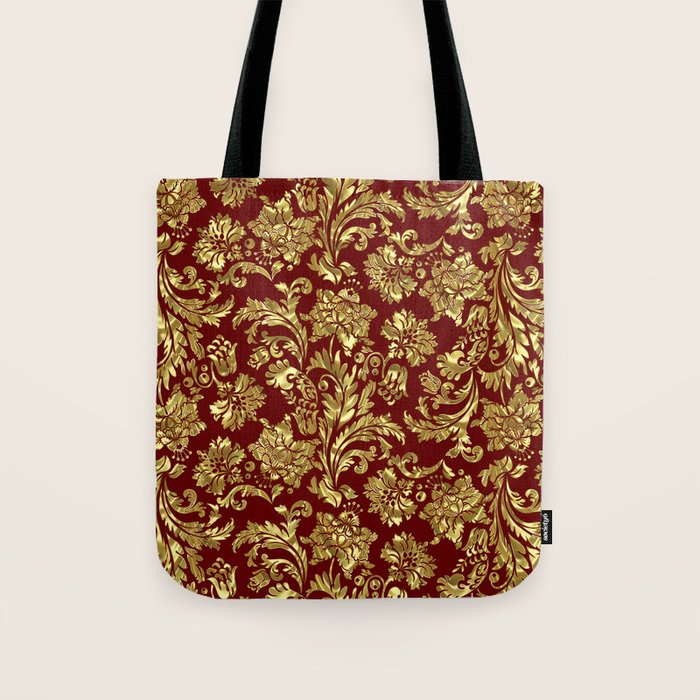 Red & Gold Floral Damasks Pattern Tote Bag Gallery Image 1