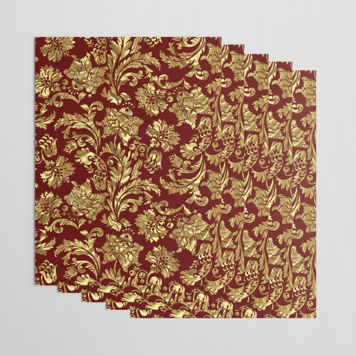 Red & Gold Floral Damasks Pattern Wrapping Paper Gallery Image 3