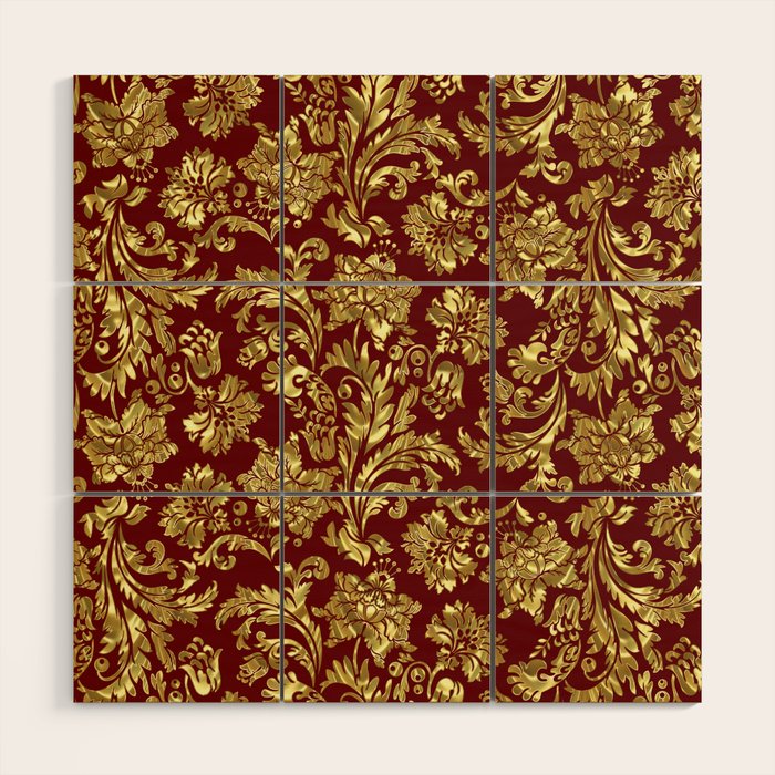 Red & Gold Floral Damasks Pattern Wood Wall Art Gallery Image 1
