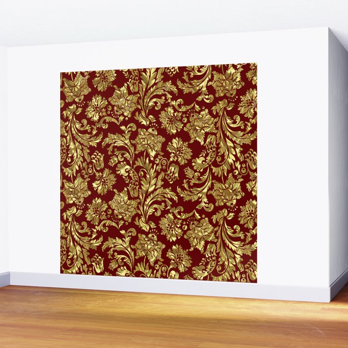 Red & Gold Floral Damasks Pattern Wall Mural Gallery Image 2