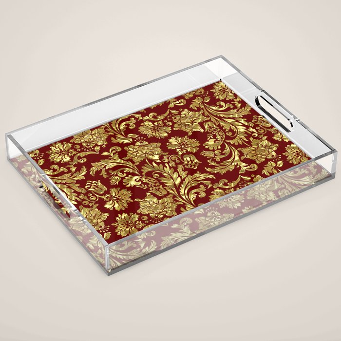 Red & Gold Floral Damasks Pattern Acrylic Tray Gallery Image 1