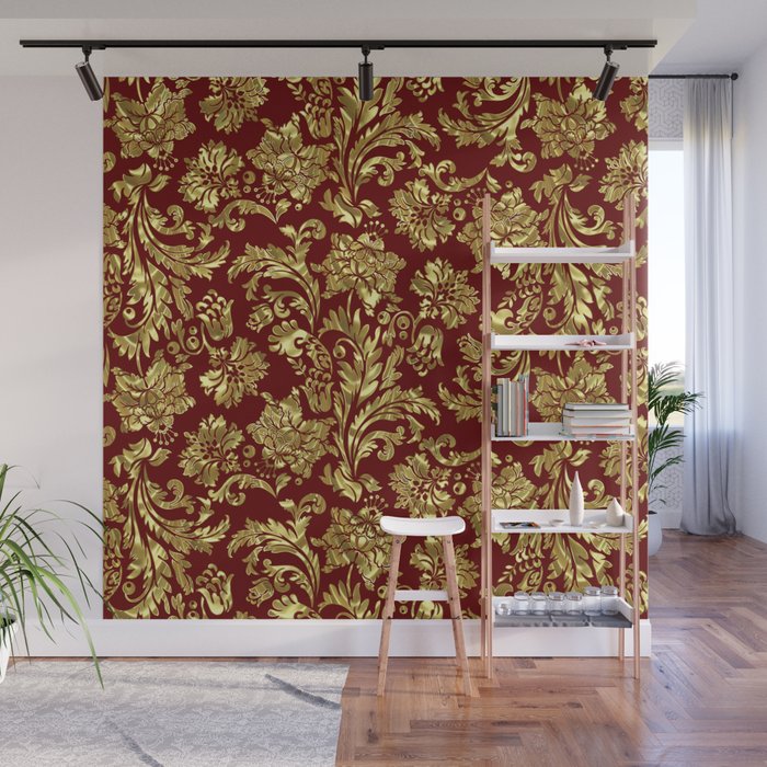 Red & Gold Floral Damasks Pattern Wall Mural Gallery Image 1