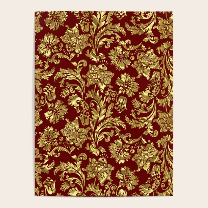 Red & Gold Floral Damasks Pattern Poster Gallery Image 4