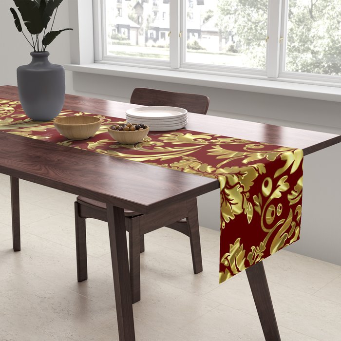 Red & Gold Floral Damasks Pattern Table Runner Gallery Image 2