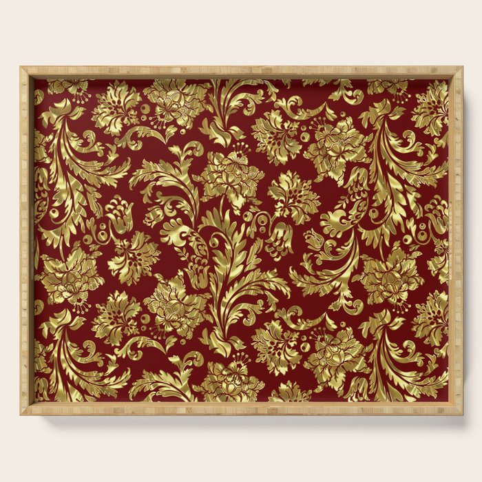 Red & Gold Floral Damasks Pattern Serving Tray Gallery Image 1