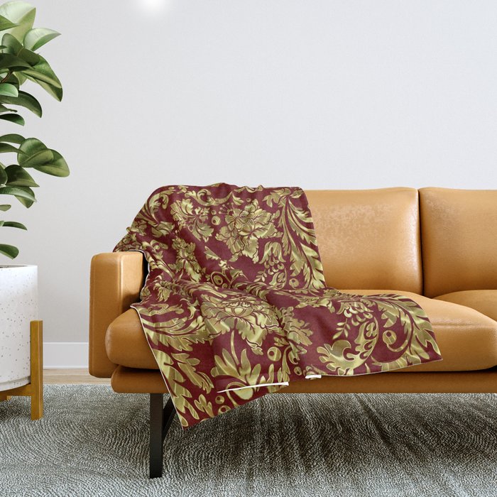 Red & Gold Floral Damasks Pattern Throw Blanket Gallery Image 1