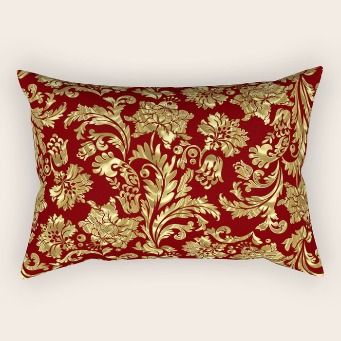 Red & Gold Floral Damasks Pattern Rectangular Pillow Gallery Image 2