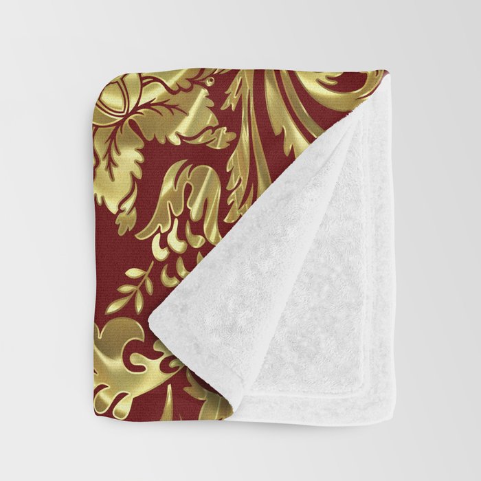 Red & Gold Floral Damasks Pattern Throw Blanket Gallery Image 3