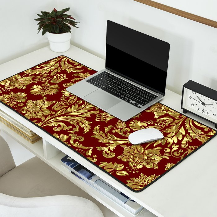 Red & Gold Floral Damasks Pattern Desk Mat Gallery Image 2