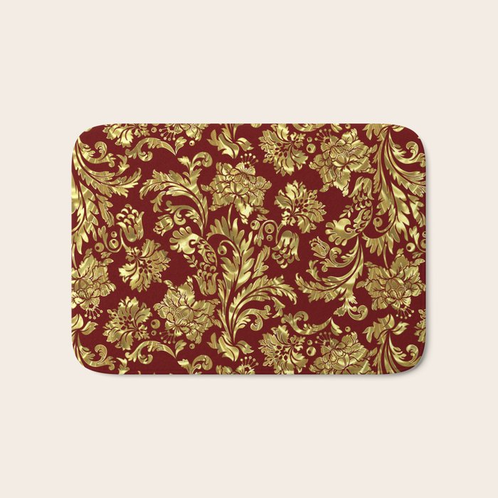 Red & Gold Floral Damasks Pattern Bath Mat Gallery Image 1