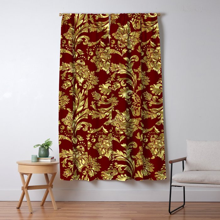 Red & Gold Floral Damasks Pattern Window Curtain
