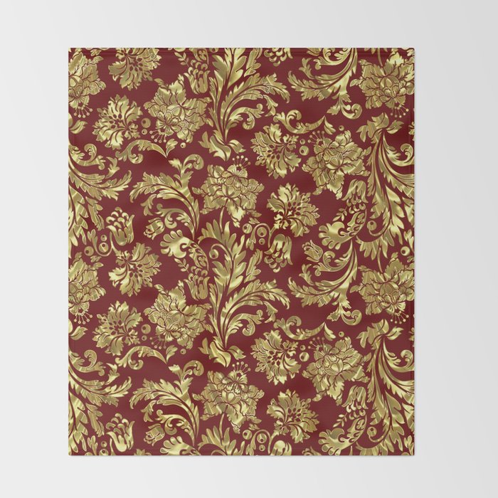 Red & Gold Floral Damasks Pattern Throw Blanket Gallery Image 2