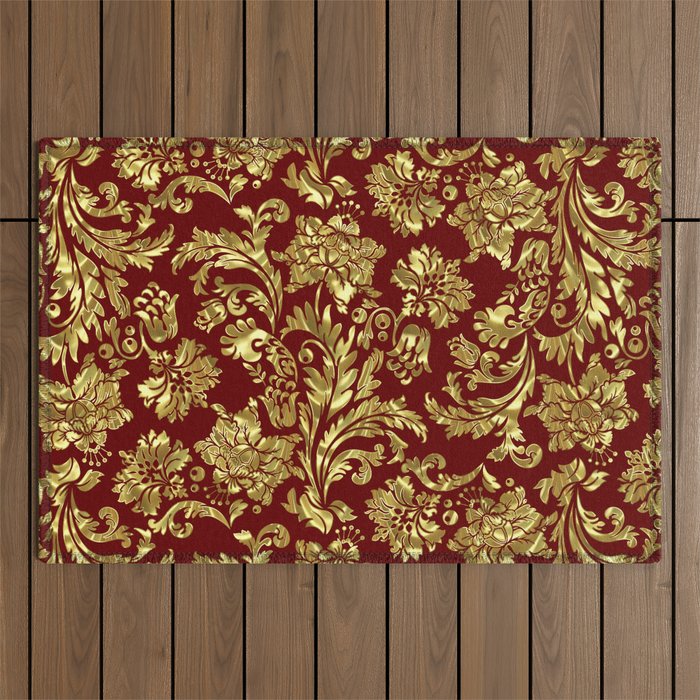 Red & Gold Floral Damasks Pattern Outdoor Rug Gallery Image 1