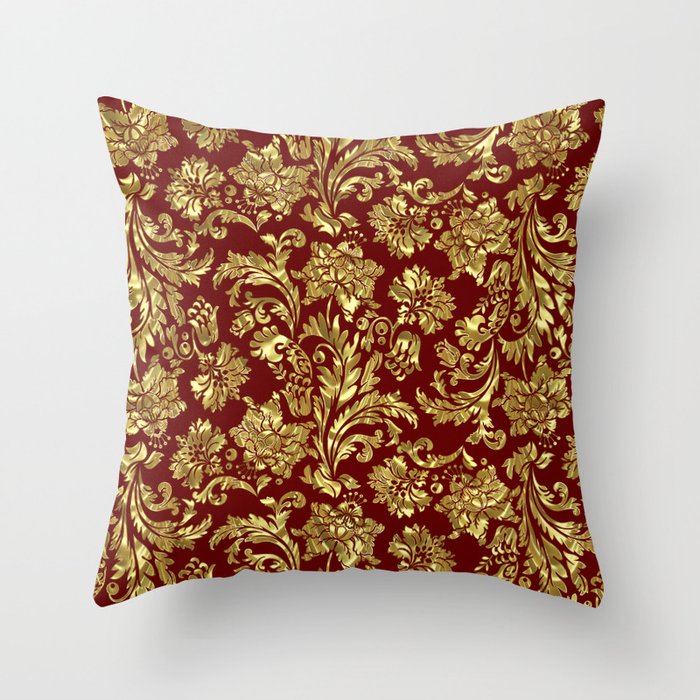 Red & Gold Floral Damasks Pattern Throw Pillow Gallery Image 1