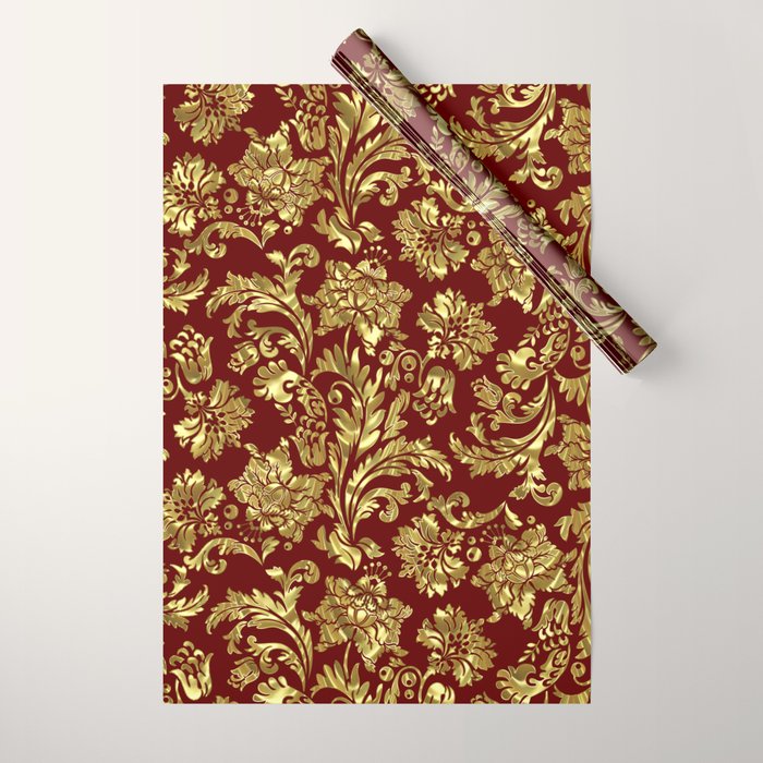 Red & Gold Floral Damasks Pattern Wrapping Paper Gallery Image 1