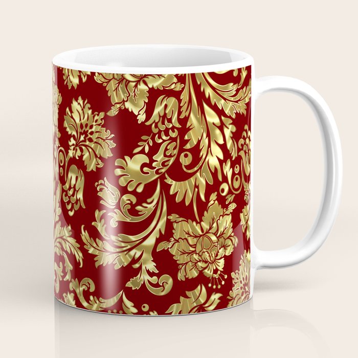 Red & Gold Floral Damasks Pattern Coffee Mug Gallery Image 1