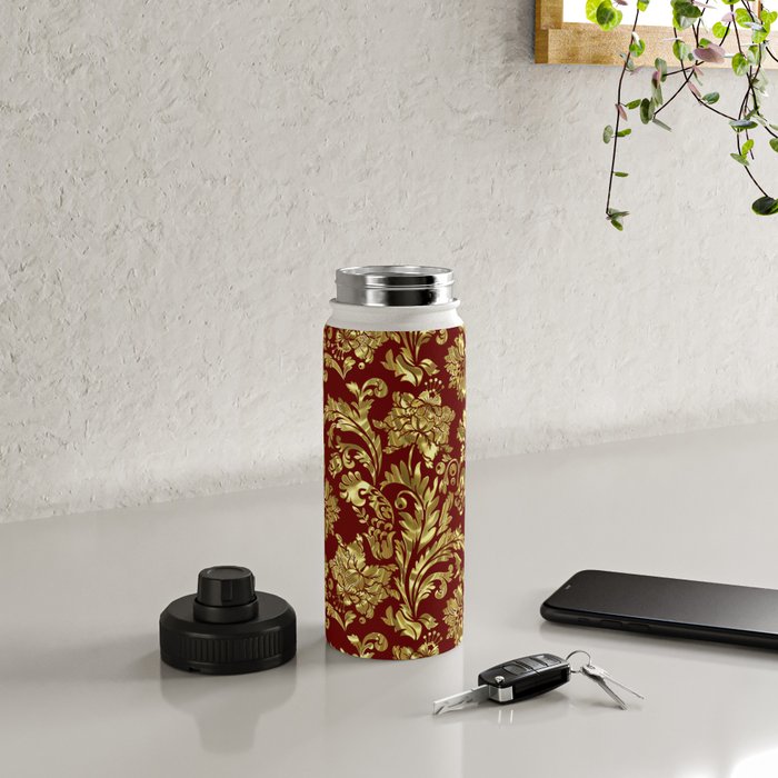 Red & Gold Floral Damasks Pattern Water Bottle Gallery Image 4
